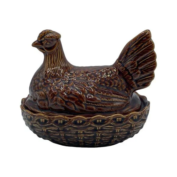Vintage Portmeirion (?) Ceramic Hen on Nest w/2 Chicks Size 3-Medium MCM Brown - Picture 1 of 13